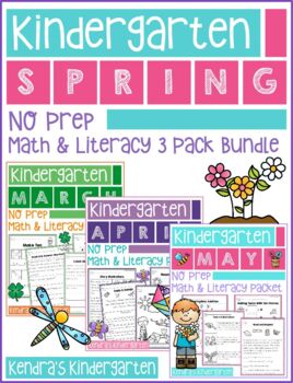 Preview of Kindergarten Spring No Prep Math and Literacy 3 Pack Bundle (Common Core)