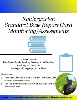 Preview of Kindergarten Standard Based Grading Report Card Monitoring/Assessments: 8 Areas
