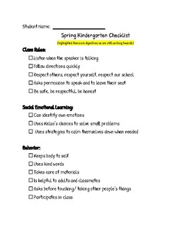 Preview of Kindergarten Standards Checklist