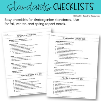 Kindergarten Standards Checklists by Miss M's Reading Resources | TpT