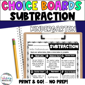 Preview of Kindergarten- Subtraction Math Menus - Choice Boards and Activities