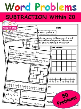 Preview of Kindergarten Subtraction Word Problem Worksheets within 20 -Math number-50 pages