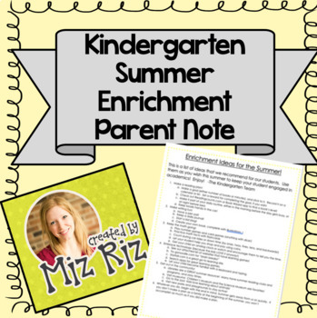 Preview of Kindergarten Summer Enrichment Parent Note