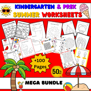 Preview of Kindergarten Summer NO PREP Worksheets: Coloring, Cutting, Tracing, Games..