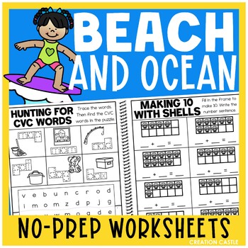 Preview of Beach and Ocean Kindergarten Math and Literacy Worksheets