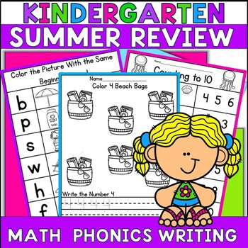 Preview of Kindergarten Summer Review Worksheet Packet For Math and Phonics