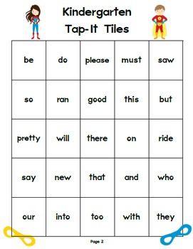 Kindergarten Superhero Tap-It Tiles: Sight Word and High Frequency Word ...