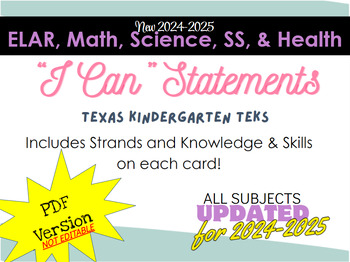 Preview of Kindergarten TEKS "I CAN" Statements BUNDLE: ELAR, MATH, SCIENCE, SS, & HEALTH