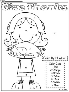 Preview of Kindergarten Thanksgiving Color By Number Code Pilgrim / Math / Colors