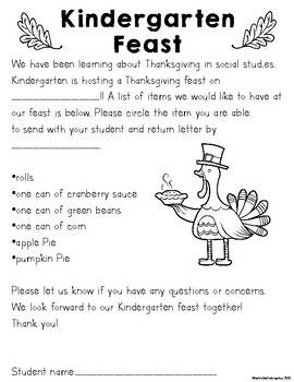 Kindergarten Thanksgiving Feast Parent Letter by MsGrubbsKindergarten