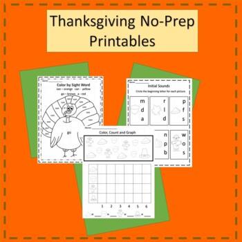 Thanksgiving Themed Literacy and Math No-prep Worksheets for Kindergarten