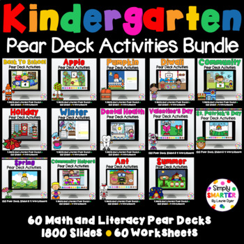 Preview of Kindergarten Thematic Math And Literacy Pear Deck Activities Year Long Bundle