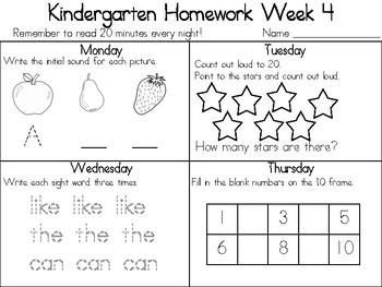 weekly homework kindergarten