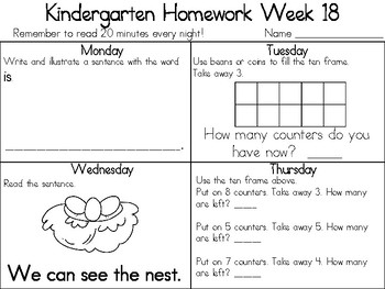 Kindergarten Weekly Homework by K in the Sun | Teachers Pay Teachers