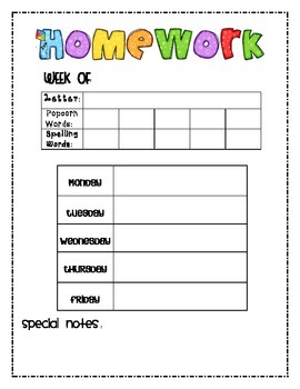 homework sheet template for kindergarten