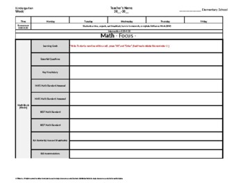 Preview of Kindergarten Weekly Lesson Plan Template Florida+BEST Standards Drop Down Lists