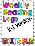 EDITABLE SKILLS BASED Weekly Reading Logs K-1 EDITION (CCS