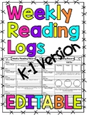 EDITABLE Skills Based Weekly Reading Logs K-1 Version