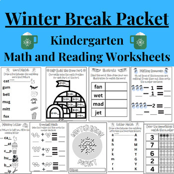 Preview of Kindergarten Winter Break Packet with Math and Reading Worksheets