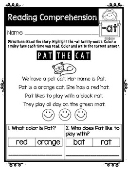 Kindergarten Word Family Reading Comprehension Fluency Passages | TpT