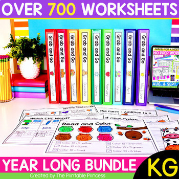 Preview of Kindergarten Worksheets for Math and Literacy Practice Year Long Bundle