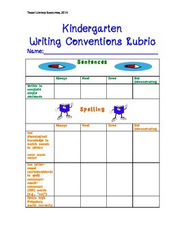 Preview of Kindergarten Writing Conventions Rubric- Standards Based Assessment