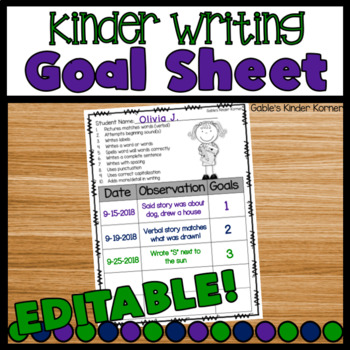 Preview of Kindergarten EDITABLE Writing Goals Recording Sheet