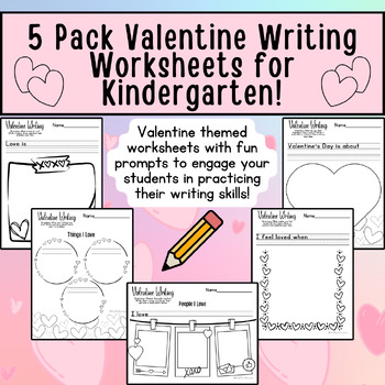 Preview of Week Long Kindergarten Writing Worksheets 5 Pack Valentine's Day