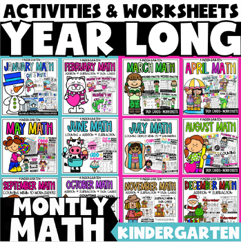 Preview of Year-Long Monthly Themed Kindergarten Math Activities and Worksheets
