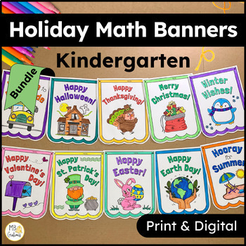 Preview of Kindergarten Yearlong Math Review Worksheets & Activities - Holiday Math Banners