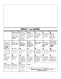 Kindergarten Yearly Homework Calendar 2012-2013 Common Core 