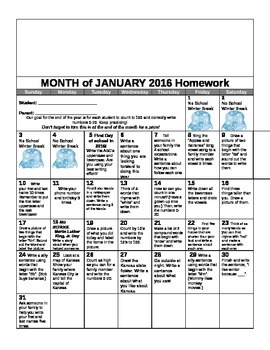 Preview of Kindergarten Yearly Homework Calendar 2015-2016 Common Core