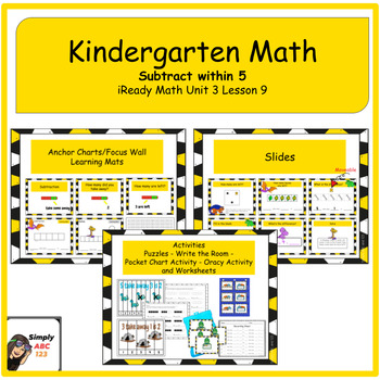 Preview of Kindergarten iReady Math Unit 3 lesson 9 Subtraction within 5 Slides/Activities
