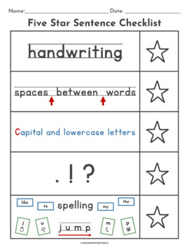 Preview of 5 Star Sentence Writing Checklist for Kindergarten + 1st Grade
