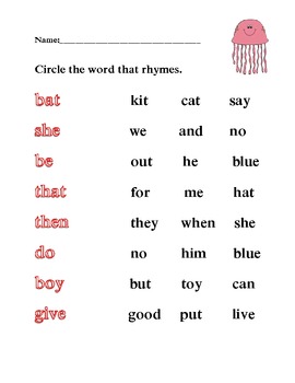 kindergarten rhyming with sight words common core literacy center quiz test