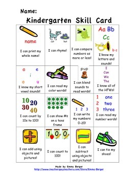 Kindergarten skill card by Emma Berger | TPT