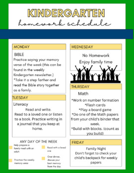 Preview of Kindergarten weekly homework schedule