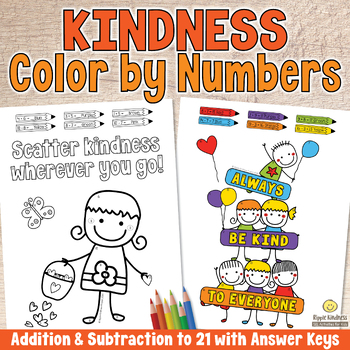 Preview of KINDNESS DAY COLORING PAGES Color by Number Addition and Subtraction Within 20