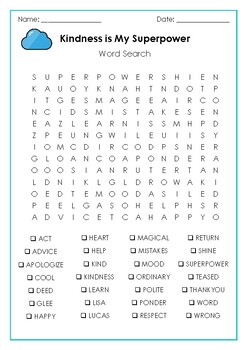 Preview of Kindness is My Superpower by Alicia Ortego Word Search Activity