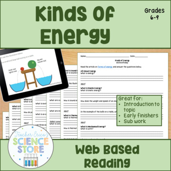 Preview of Kinds of Energy Web Based Reading Activity