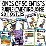 Kinds of Scientists Posters in Purple, Lime, and Turquoise