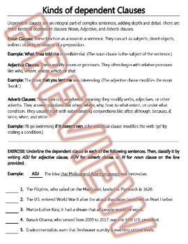 Preview of Dependent Clauses: Noun, Adjective, & Adverb Clauses. HS ELA Worksheets & Review