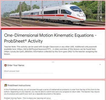 Preview of Kinematic One-Dimensional Motion ProbSheet® - Online Distance Blending Learning