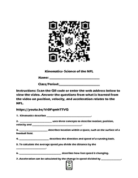Preview of Kinematics-Science of the NFL QR Code Video Worksheet