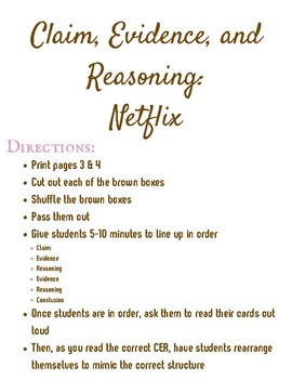 Preview of Kinesthetic Claim, Evidence, and Reasoning Activity: Netflix