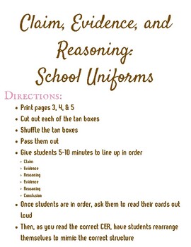 Preview of Kinesthetic Claim, Evidence, and Reasoning Activity: School Uniforms