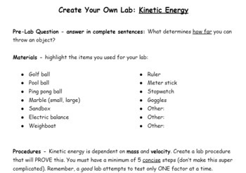 Preview of Kinetic Energy Lab (three versions included)