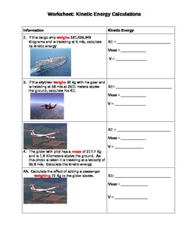 Kinetic Energy Worksheet by Joe's Teacher Files | TpT