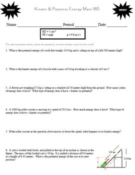 Preview of Kinetic & Potential Energy MATH Worksheet (for Physical Science)