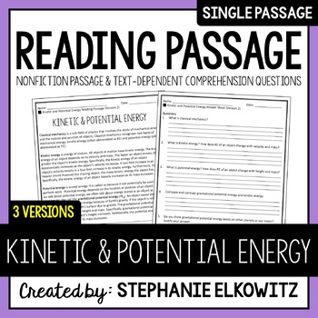 Preview of Kinetic and Potential Energy Reading Passage | Printable & Digital
